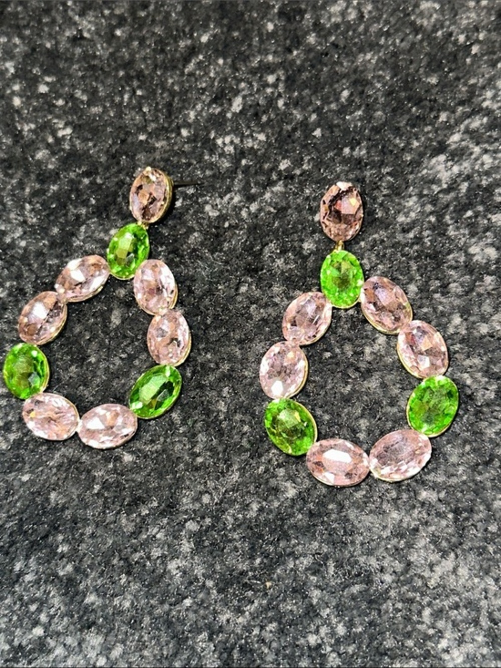 Pink and Green Oval Crystal Teardrop Earrings